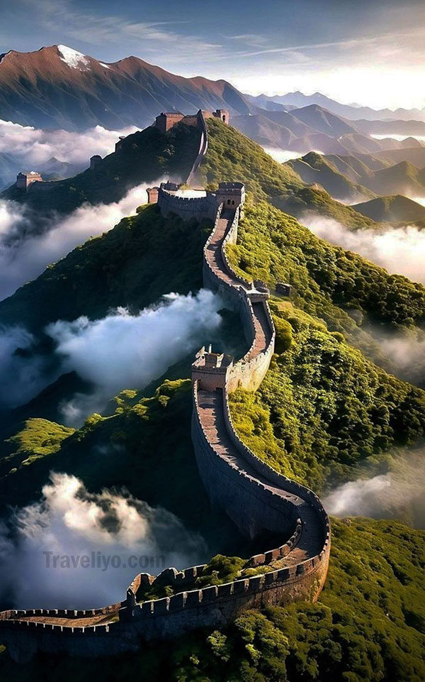 Scenic view of the Great Wall winding through mountains