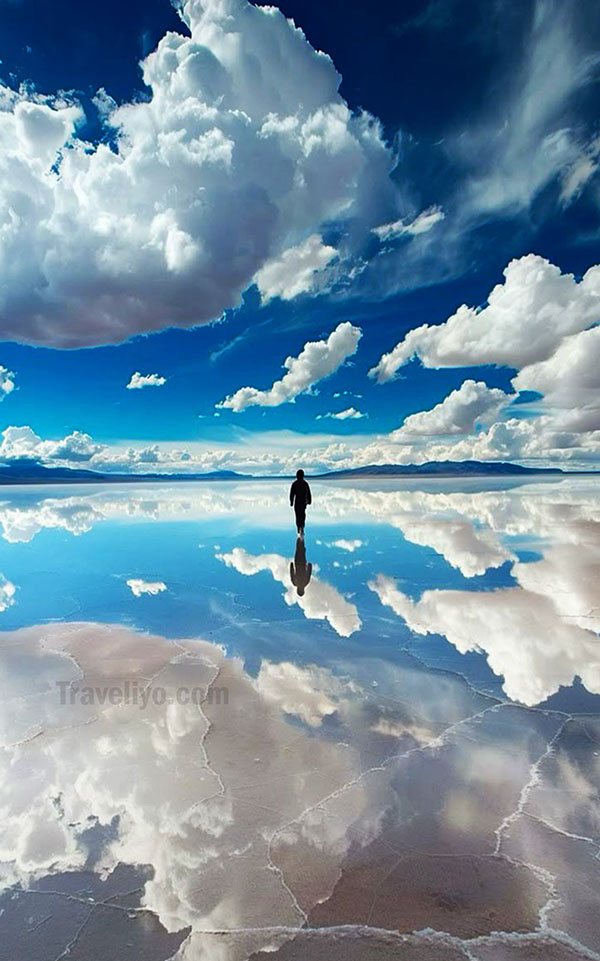 Mirror-like salt flats reflecting sky