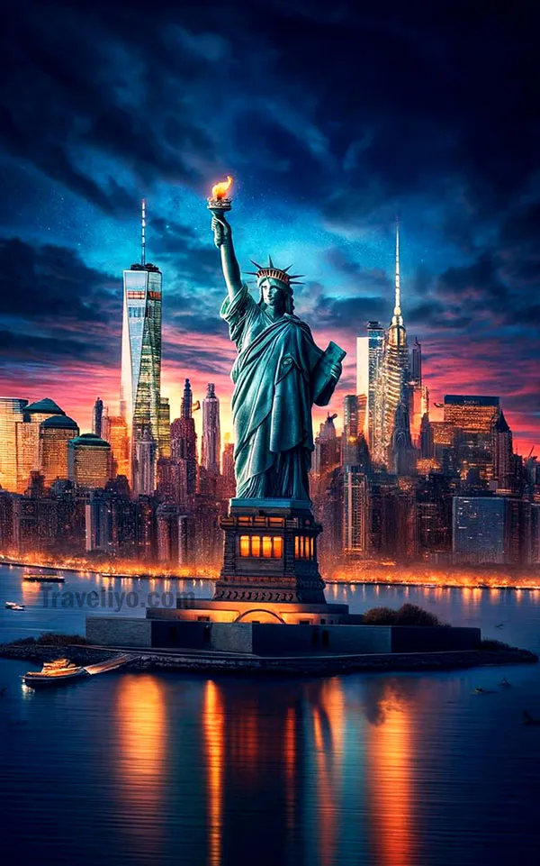 Statue of Liberty with Manhattan skyline at dusk