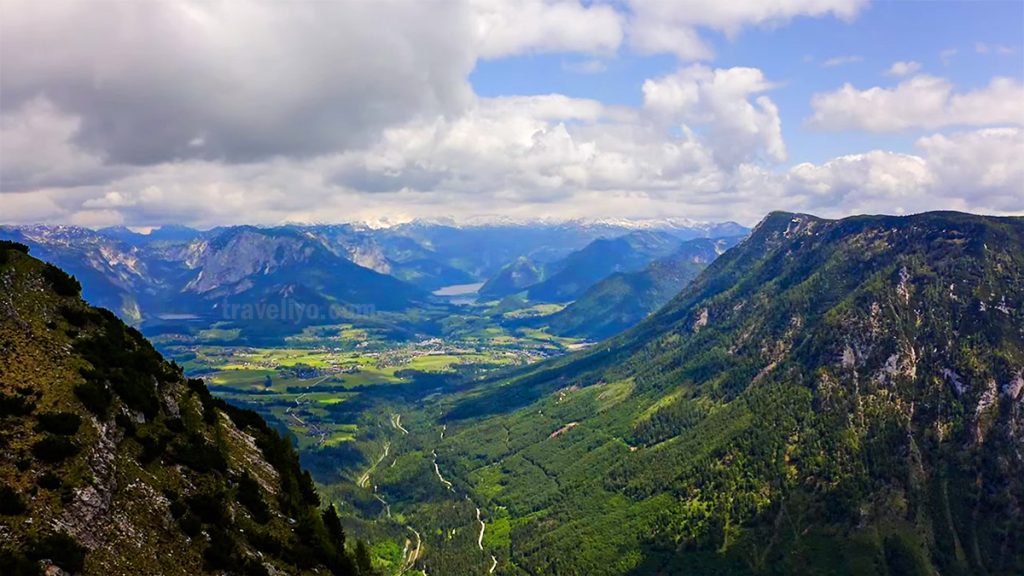 High-angle drone view of Bad Ischl day trip area with mountains and lowlands near Hallstatt Austria