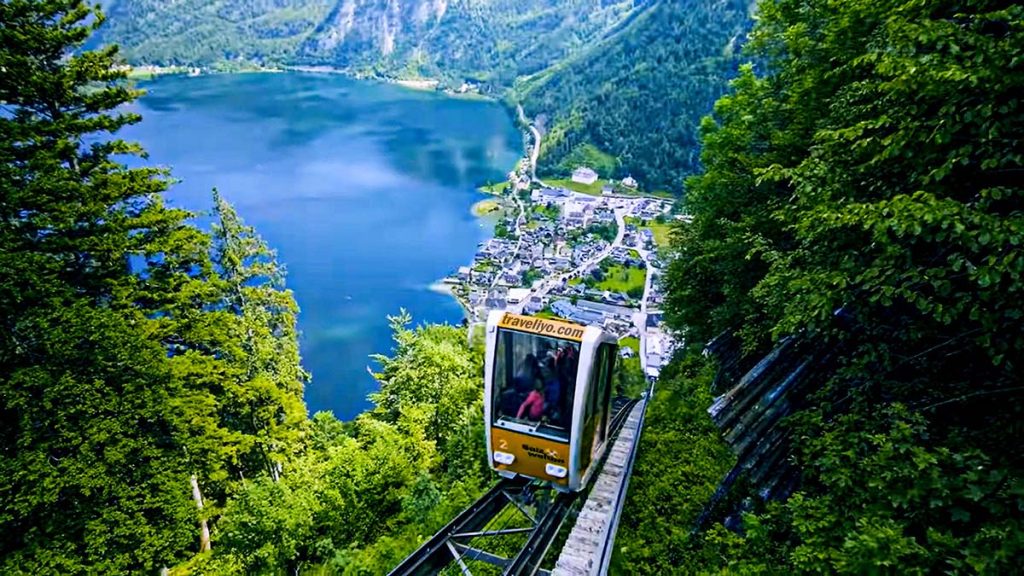 View from Hallstatt salt mine tour mountain top overlooking the lake and village