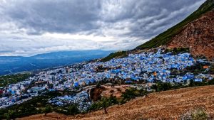 Panoramic view of Chefchaouen, the Blue City Morocco, surrounded by the Rif Mountains