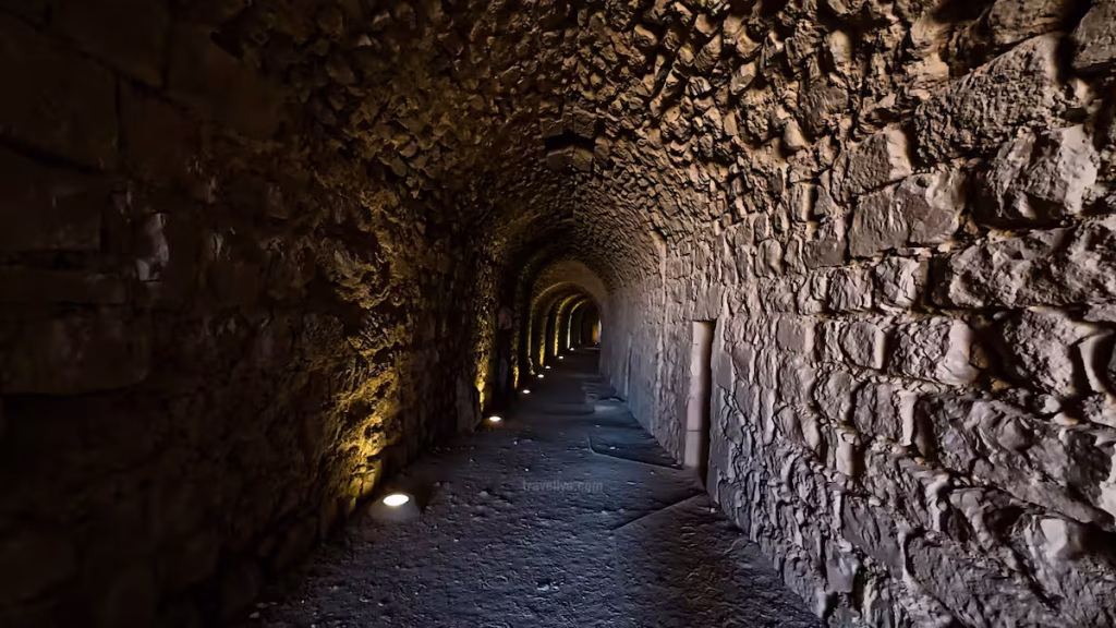 A long, deeply shadowed, vaulted underground stone tunnel illuminated with low floor lights at the Karak jordan castle.
