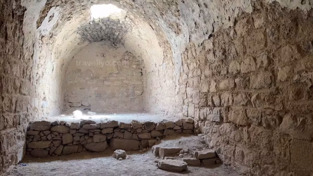 An interior view of a vaulted stone hall, believed to be a royal reception chamber or governor's quarters inside the Karak jordan castle.