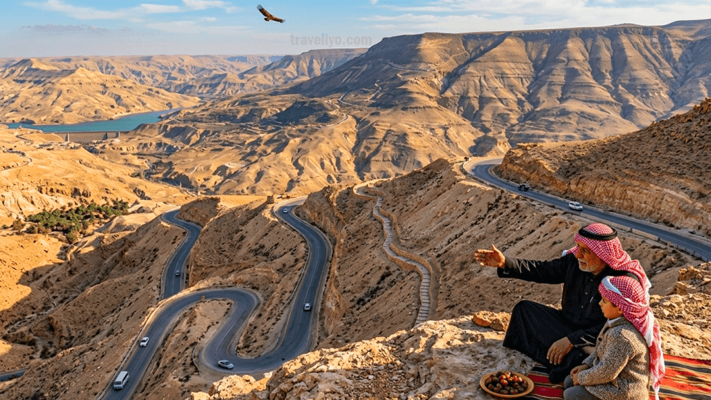 A traditional Jordanian Bedouin man and child sitting on a cliff overlooking the grand canyon of jordan and Route 35.