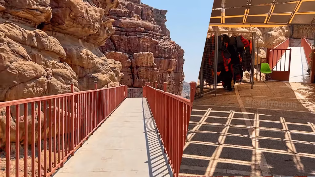 A metal bridge and walkway near the life jacket rental station at Mujib Adventure Center.