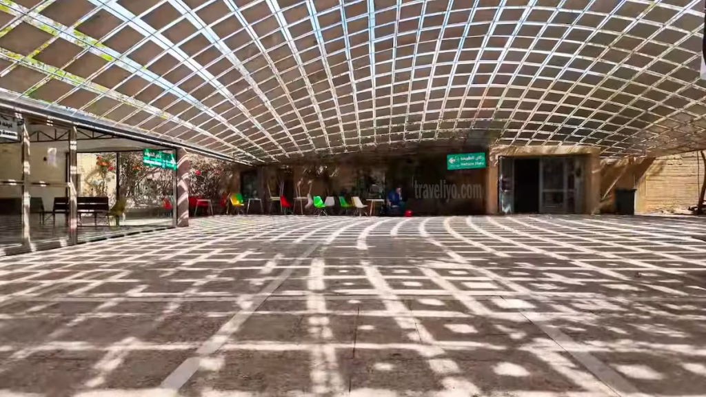 The shaded grid roof courtyard inside the Mujib Adventure Center.