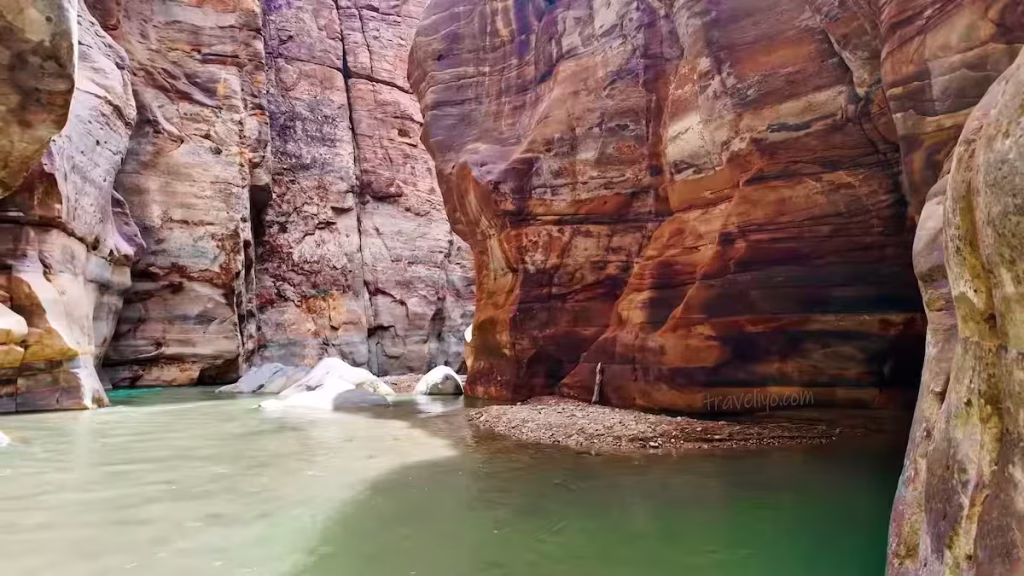 Walking through deep turquoise water between curved canyon walls on the Wadi Mujib Siq Trail.