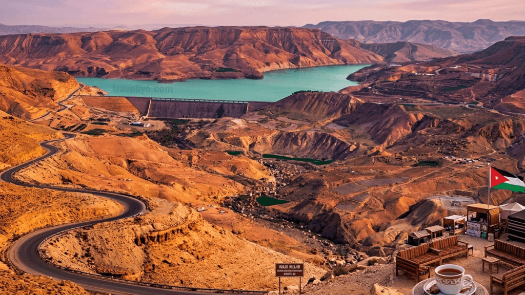 The official Wadi Mujib Viewpoint cafe area overlooking the reservoir, canyon, and King's Highway.