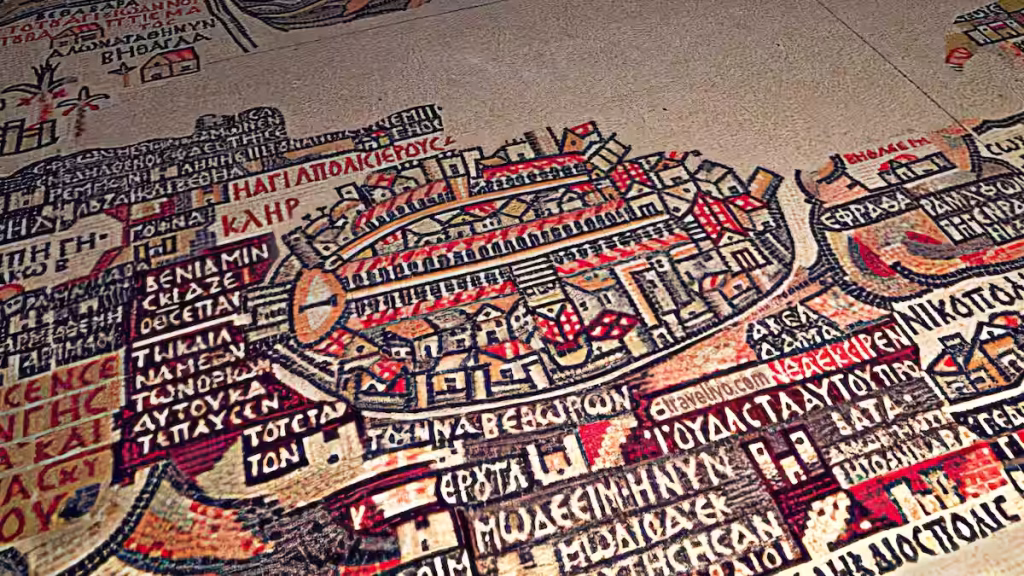 Highly detailed section of the ancient Madaba mosaics in Jordan depicting walled cities.