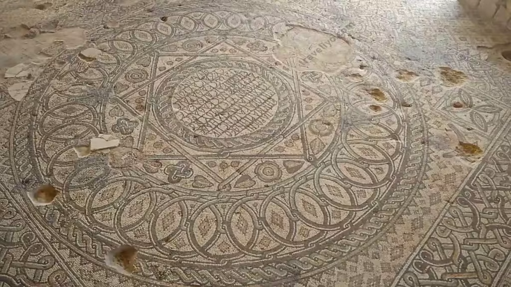 A circular geometric Byzantine mosaic floor found in Madaba, Jordan.