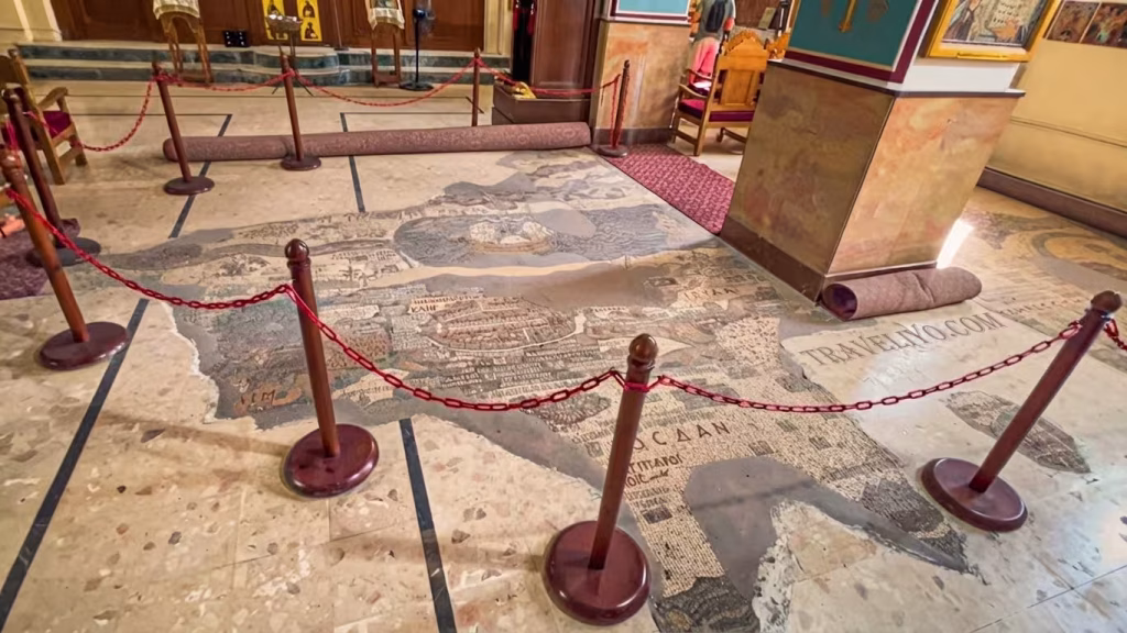 The famous 6th-century Madaba mosaic map on the floor of St. George's Church in Madaba, Jordan.