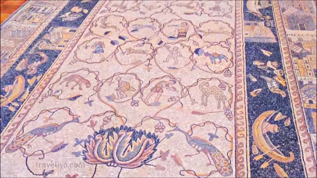Intricate Madaba mosaics in Jordan featuring floral patterns and local wildlife.
