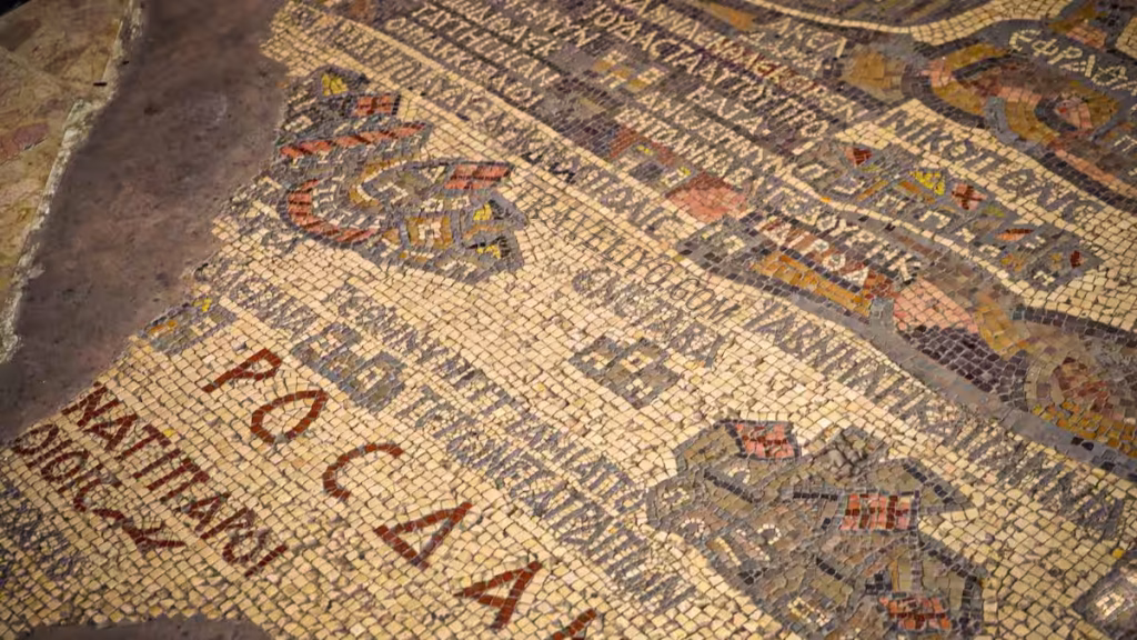 Ancient Greek inscriptions visible on the historical Madaba Jordan mosaics.