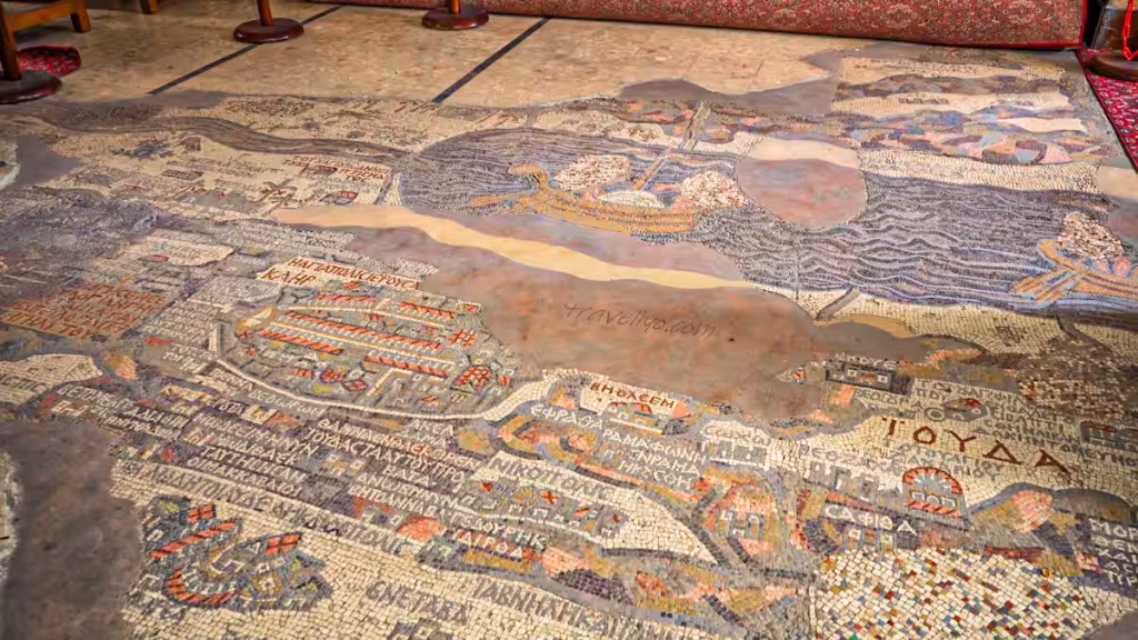 A detailed close-up of the Madaba mosaic map showing ancient historical locations.