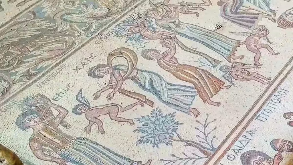Ancient mosaic depicting mythological figures found in Madaba, Jordan.