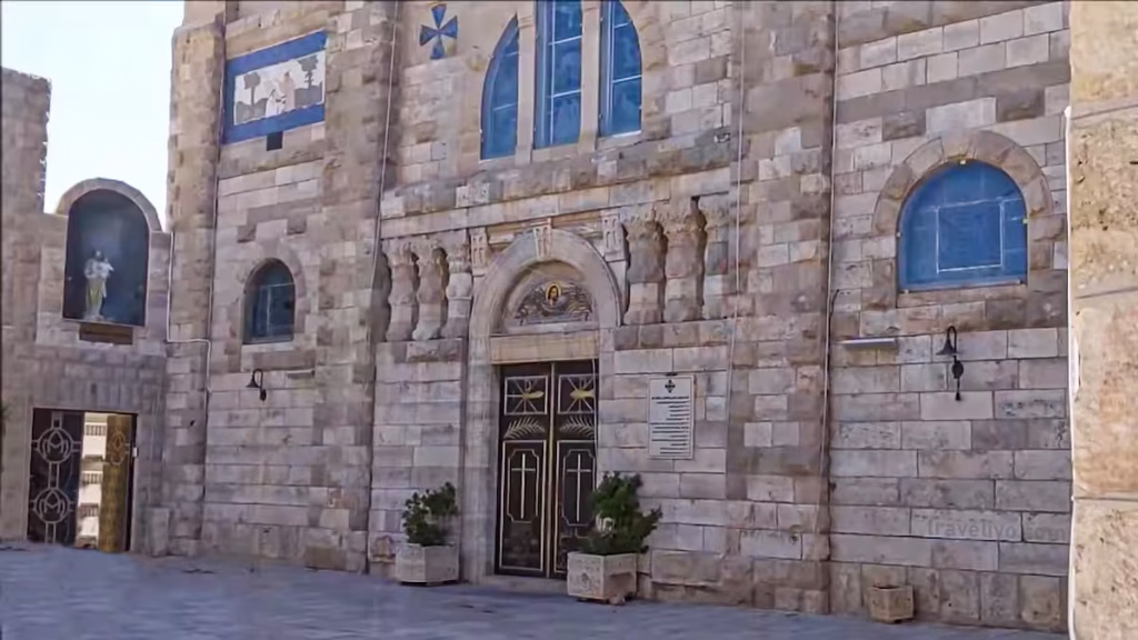 The stone exterior of St. George's Church in Madaba, Jordan.