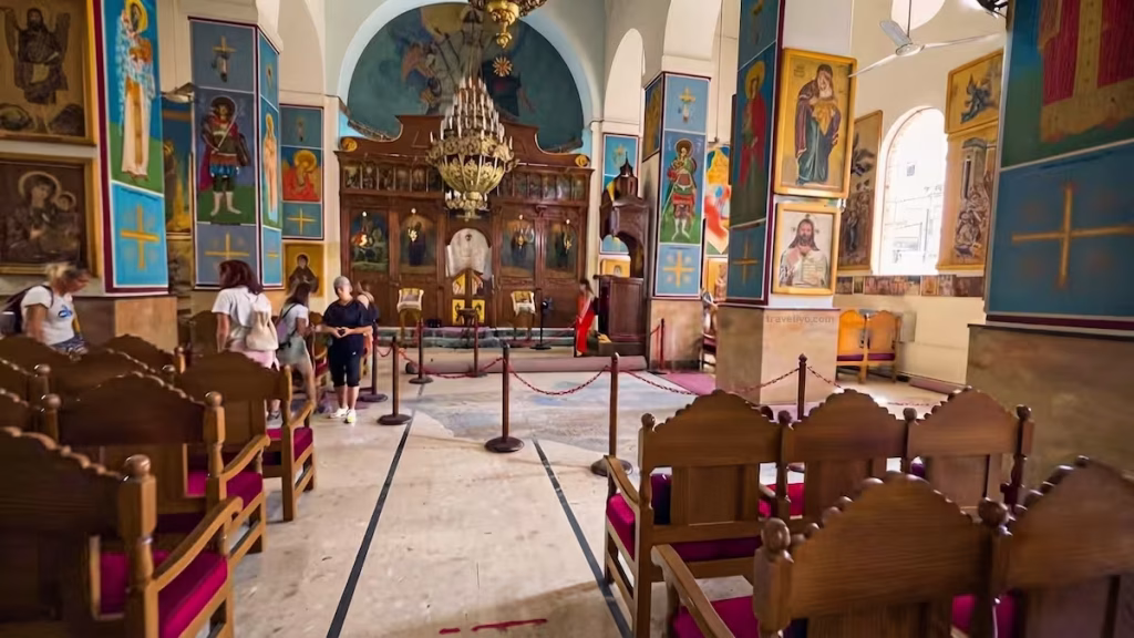 The beautiful interior of the Greek Orthodox Church of St. George in Madaba, Jordan.