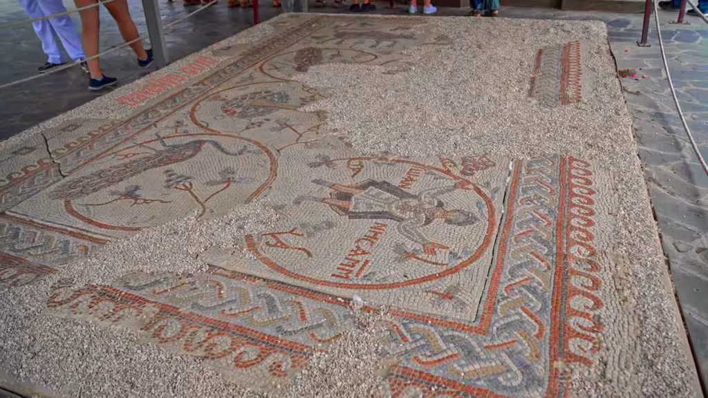 A wide perspective of the extensive historical mosaic floor seen while visiting Mount Nebo.