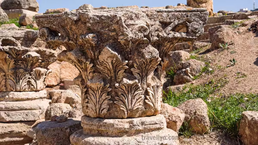 Intricate acanthus leaf carving on Corinthian capital at Jerash Jordan ruins