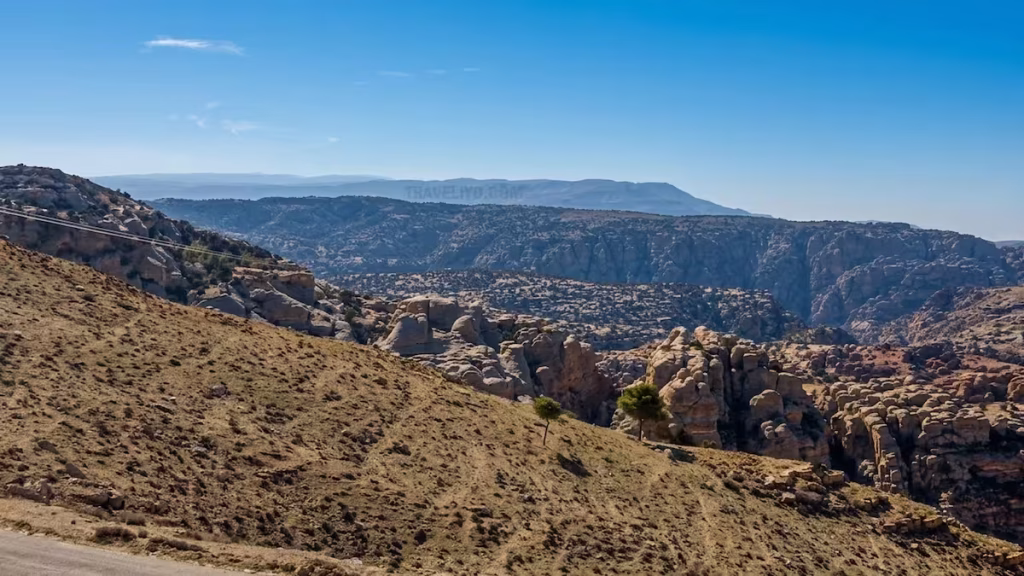 Vast mountainous landscape and deep valleys of the Dana Biosphere Reserve.