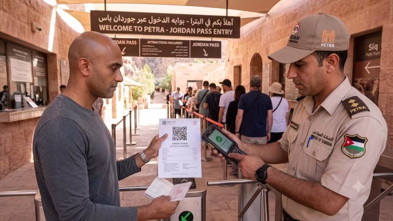 Lakshitha from Traveliyo presents his printed Jordan Pass to an official for scanning at the entrance gate of Petra, Jordan, demonstrating firsthand experience.