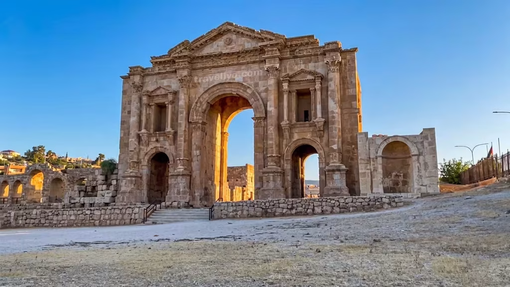 Front view of Hadrian's Arch monumental gateway in Jerash Jordan