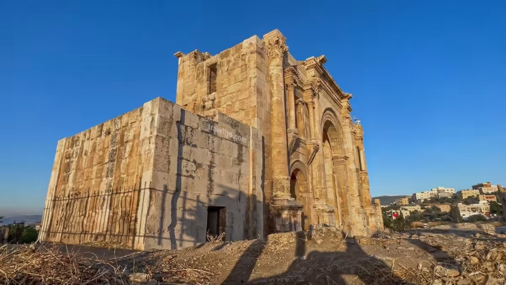 Side perspective view of Hadrian's Arch stone masonry in Jerash Jordan ruins