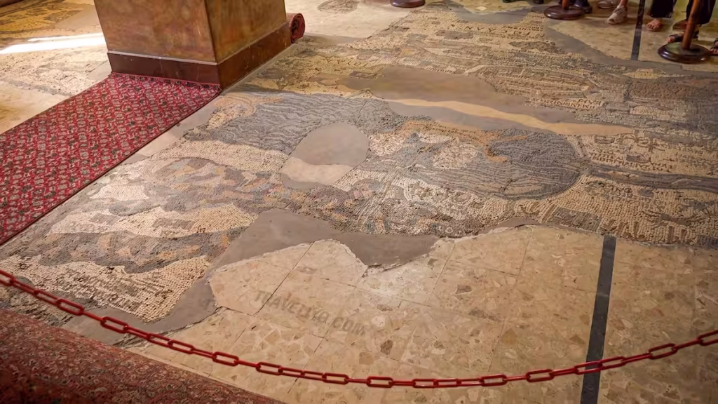 The ancient Madaba Mosaic Map on a church floor depicting the Holy Land.