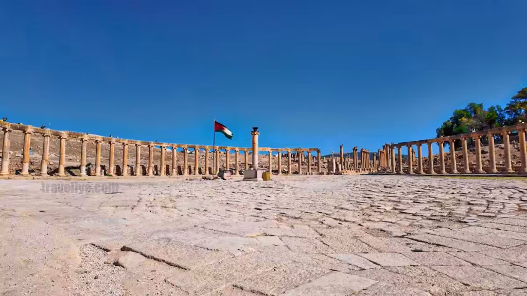 Wide view of the Oval Plaza surrounded by Ionic columns in Jerash Jordan