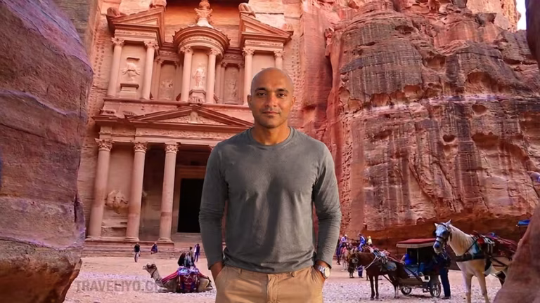Lakshitha standing in front of the iconic Petra Treasury during a Jordan tour.
