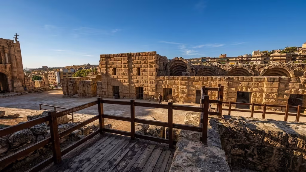 Stone ruins of the ancient Roman Hippodrome stadium in Jerash Jordan