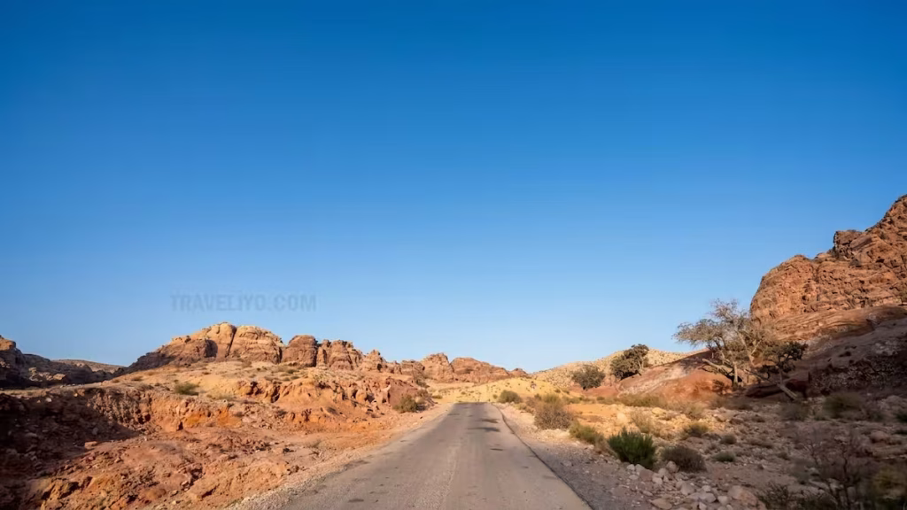 A winding paved road cutting through rocky, arid mountains in Jordan.