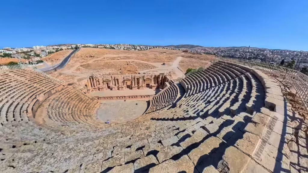Panoramic view of Roman South Theater tiers overlooking Jerash Jordan