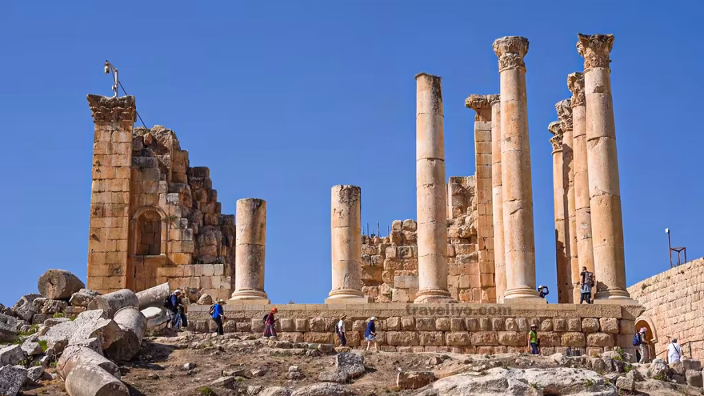 Soaring Corinthian columns of the Temple of Artemis at Jerash Jordan ruins