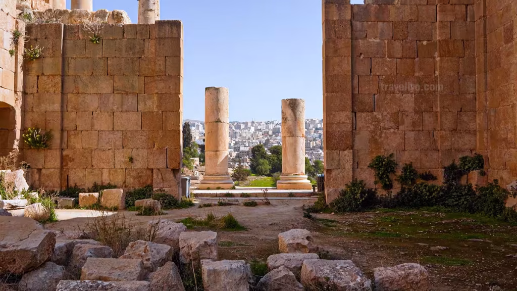 View through stone doorway at Jerash Jordan ruins near Temple of Artemis
