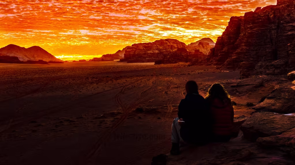 Lakshitha and Taniya watching a fiery red sunset over the mountains in Wadi Rum desert, Jordan.