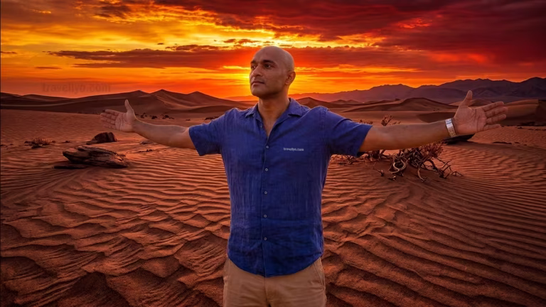 Lakshitha standing in Wadi Rum desert at sunset, highlighting when to visit Jordan for the best weather.