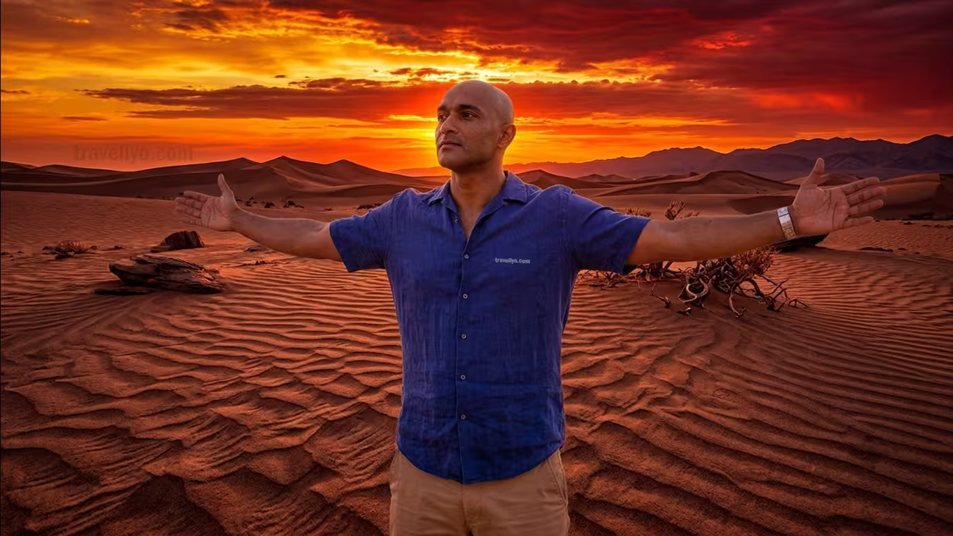 Lakshitha standing in Wadi Rum desert at sunset, highlighting when to visit Jordan for the best weather.